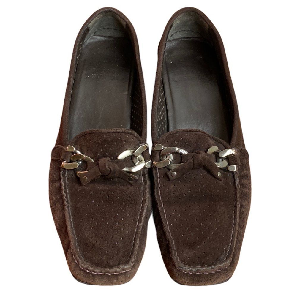 Stuart Weitzman Lincoln Perforated Driving Loafers Black Suede Size 7.5